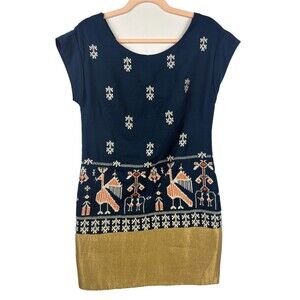 Anthropologie Floreat Avian Myth Dress 0 Teal Woven Bird Embroidered Gold Shift
